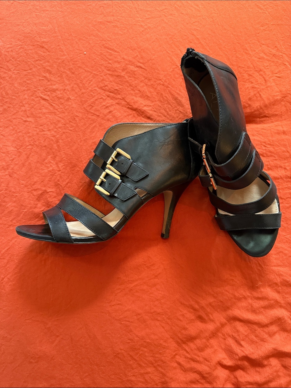 Aldo Black Strappy Stiletto Sandals with Gold Buckle Accents